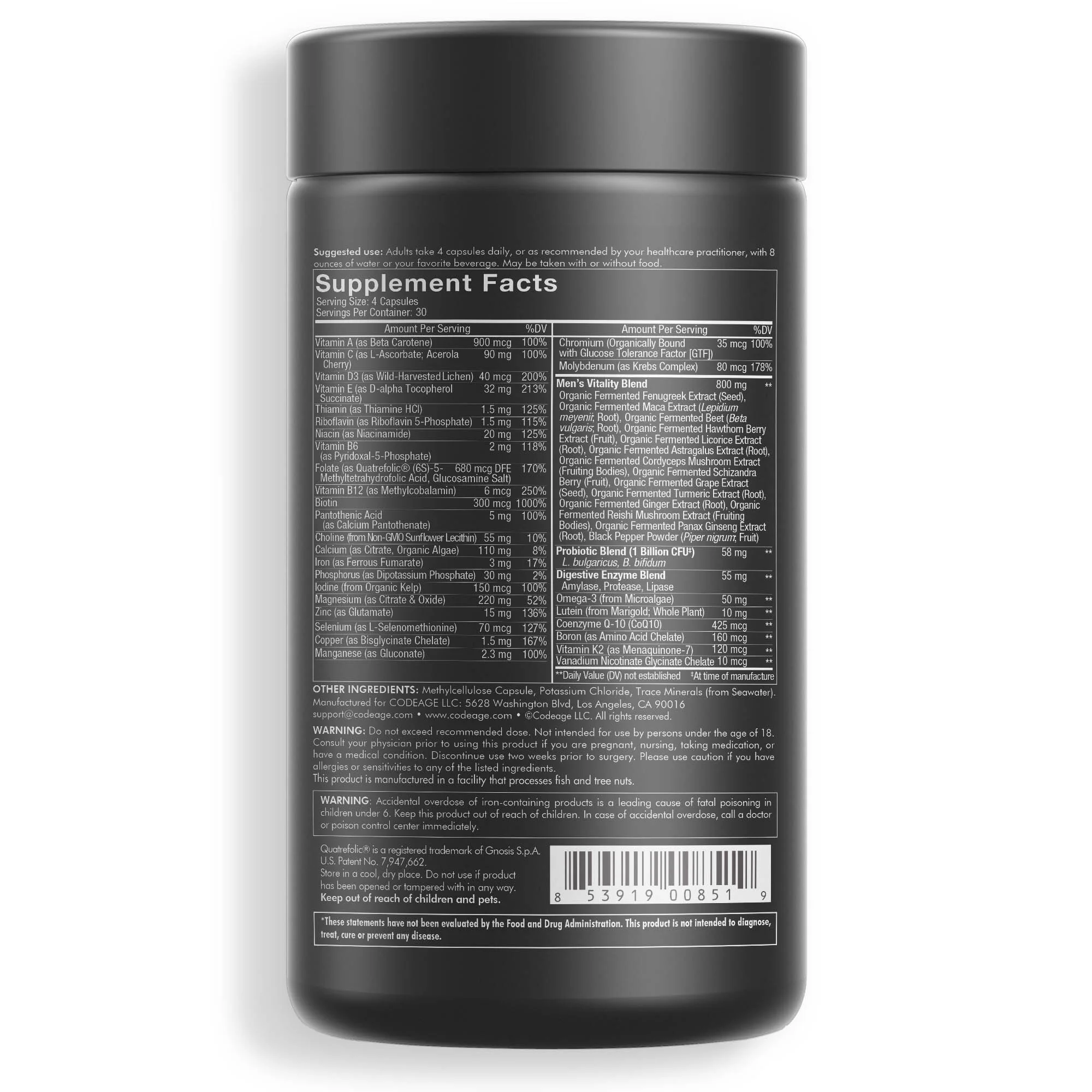 Codeage Men’s Daily Multivitamin Capsules, 25+ Vitamins & Minerals, Whole Food, Fermented, 120 ct