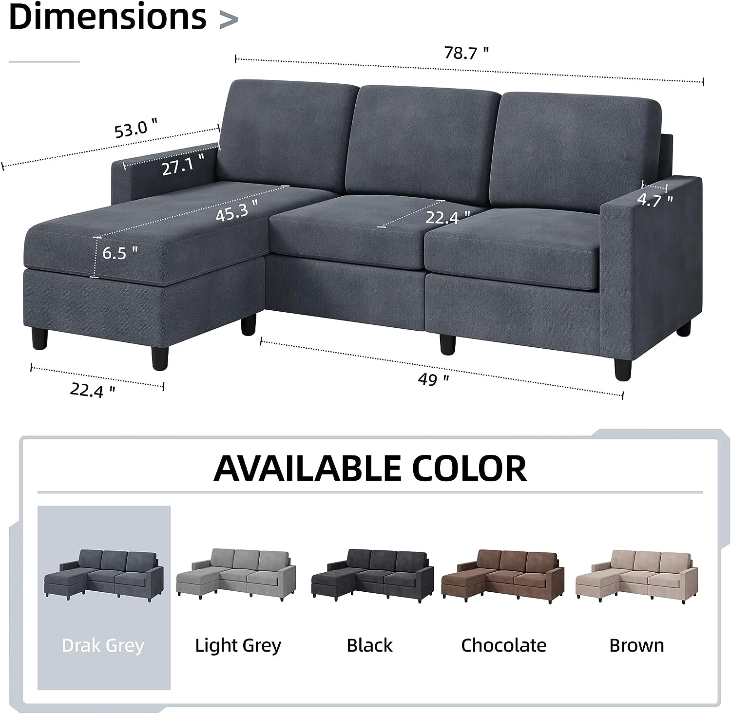 Shintenchi Convertible Sectional Sofa Couch, Modern Linen Fabric L-Shaped Couch 3-Seat Sofa Sectional with Reversible Chaise for Small Living Room, Apartment and Small Space (Dark Grey)