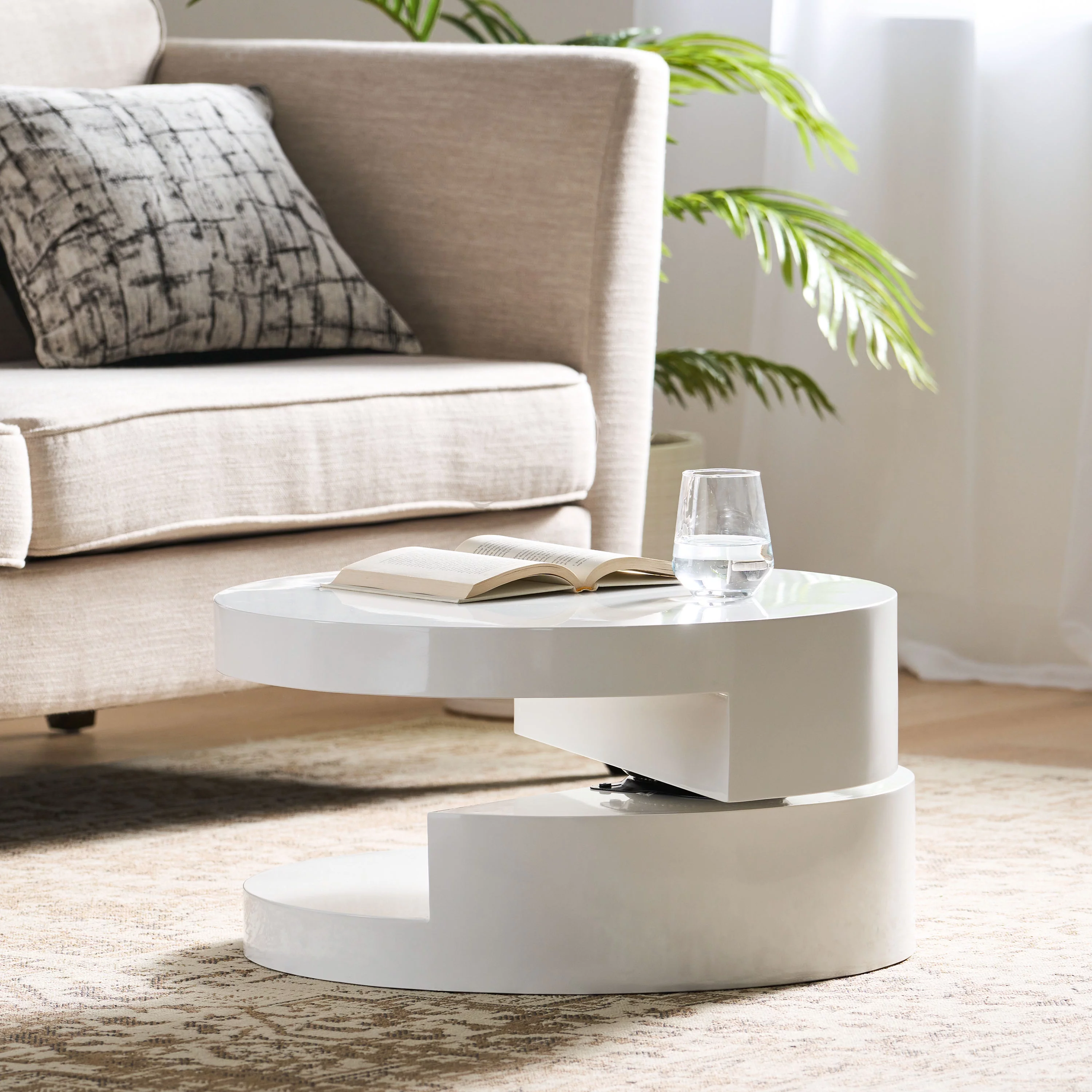 GDF Studio Genoa Modern Small Rotating Coffee Table, Glossy White