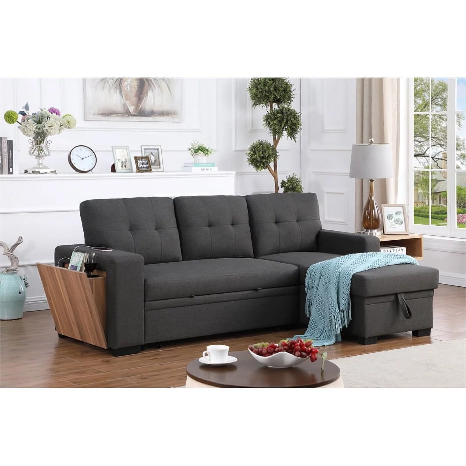 Pemberly Row Fabric Reversible Side Compartment Sectional Sofa Bed - Dark Gray