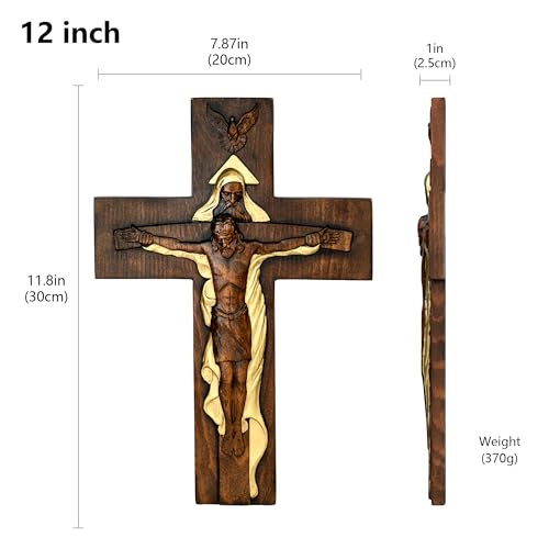 BGCOPPER Holy Trinity Crucifix Wall Cross, Christ Jesus Cross for Wall with Hook, Handmade Wooden Cross Wall Decor for Home Room Church Christmas Gifts (Retro, 12 Inch)