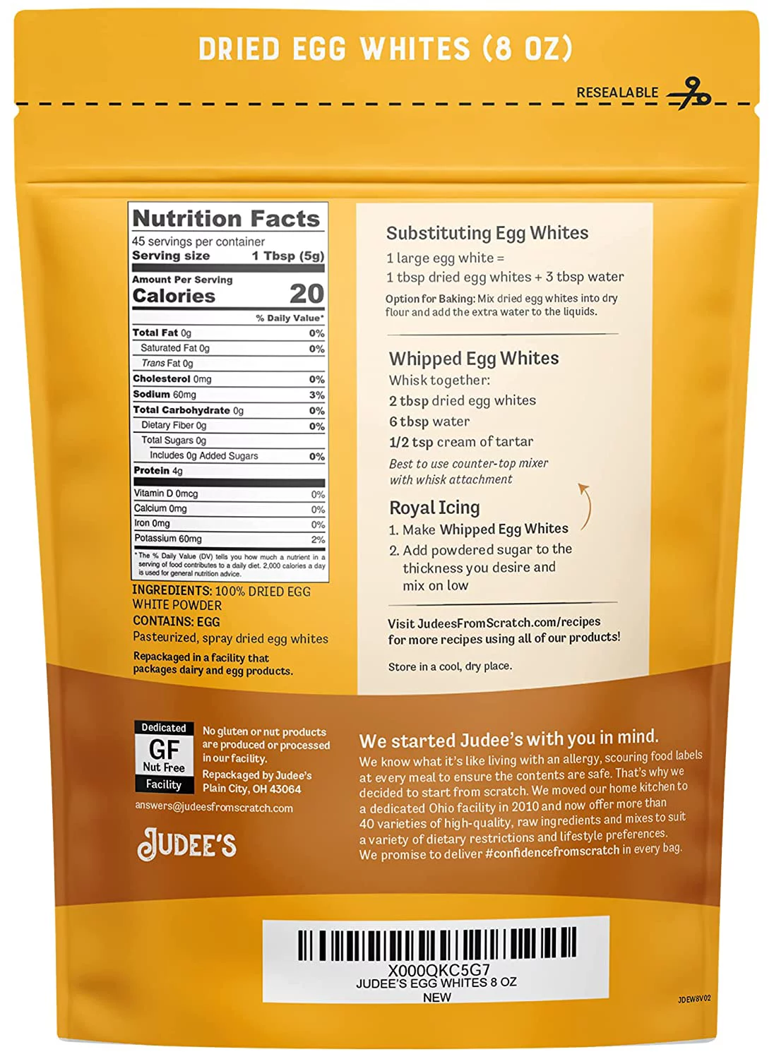 Judee’s Dried Egg White Protein Powder 8 oz - Pasteurized, USDA Certified, 100% Non-GMO, Gluten-Free & Nut-Free - Just One Ingredient - Made in USA - Use in Baking - Make Whipped Egg Whites