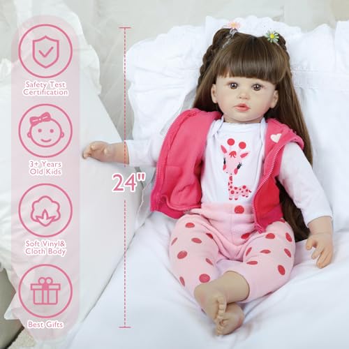 Reborn Baby Dolls 24 Inch - Realistic Toddler Silicone Baby Doll Girl with Long Hair in Gift Box, Weighted Lifelike Babe Muñecas Niñas, Feeding Toys, Birth Certificate & Accessories for Age 3+