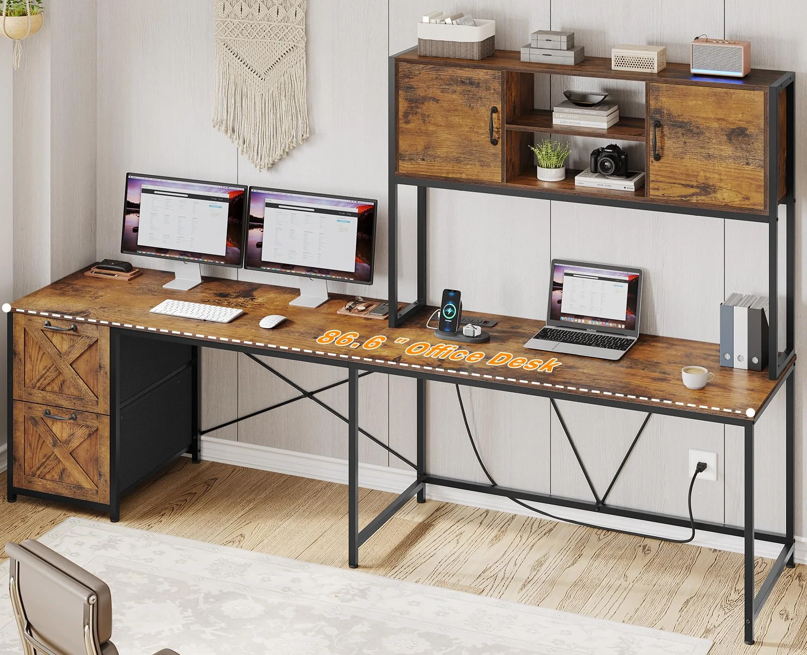 L Shaped Desk with Fabric Drawers and Power Outlet, Home Office Desk with LED Lights, Rustic Brown