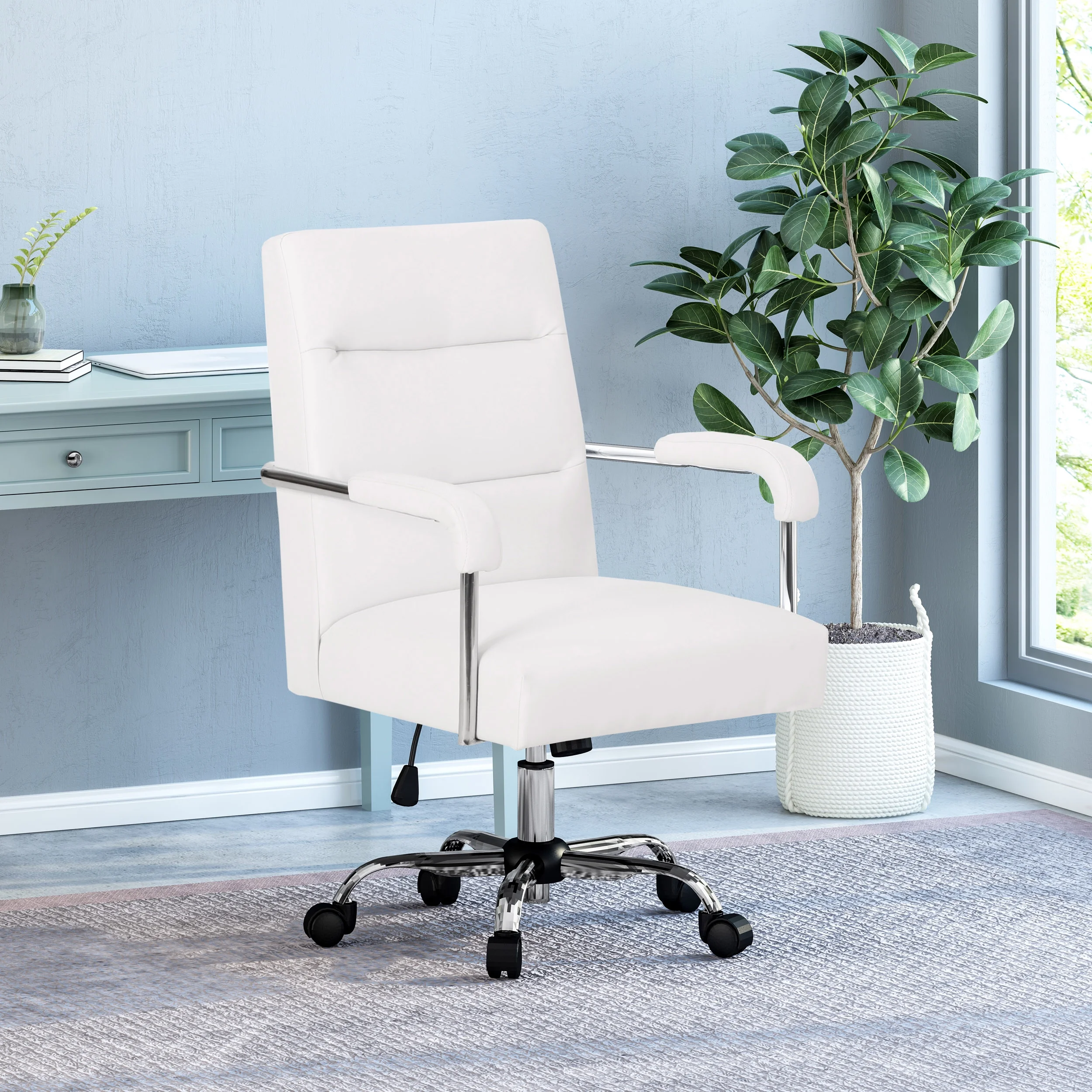 Noble House Blackfoot Faux Leather Office Swivel Chair, White, Chrome
