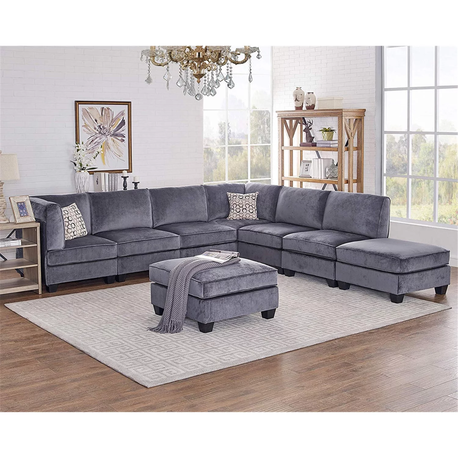 Maykoosh Baroque Brilliance Gray Velvet 8Pc Modular Sectional Sofa