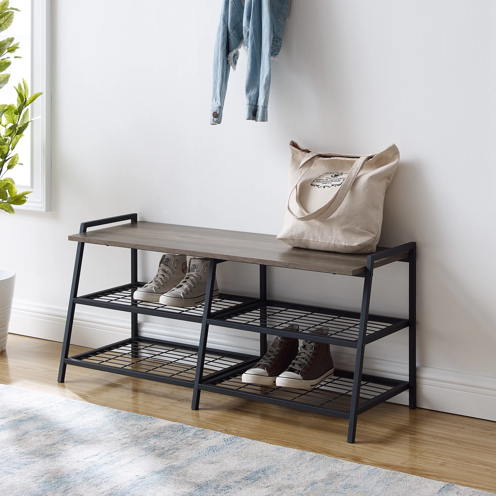 Manor Park 3-Tier Durable Shoe Rack, Metal, MDF and Wood, Gray