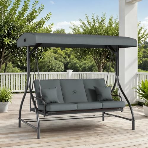 TLSUNNY 3-Seat Outdoor Patio Porch Swing with Adjustable Canopy & Backrest, Convertible Glider Bed with Stand, Removable Seat Cushion, 45° Tilt Adjustment for Backyard, Poolside, Balcony - 750LBS