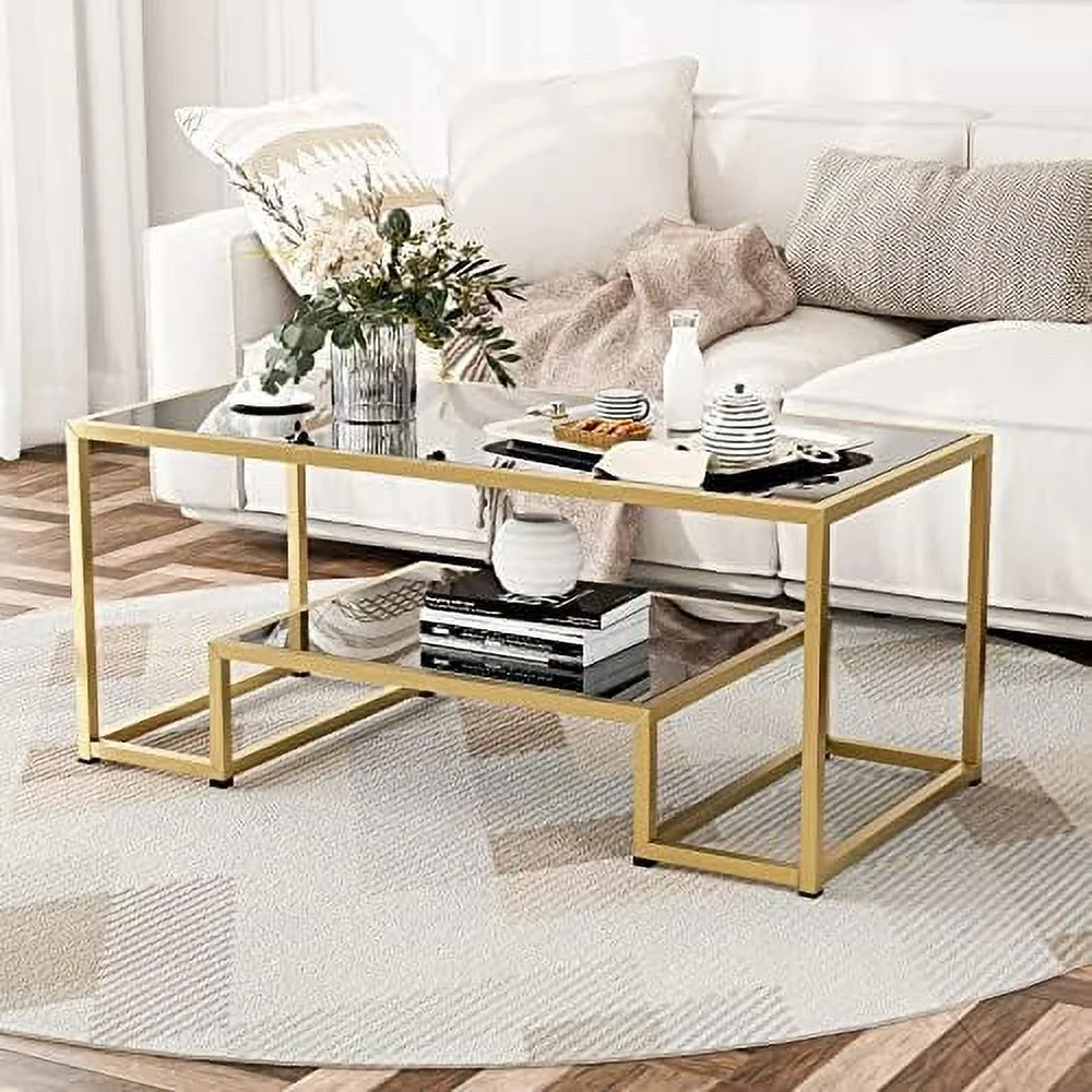 TJUNBOLIFE High Gloss Gold Nesting End Table  2-Tier Faux Marble Sofa  with   Metal Frame Bedside Table for Living Room  Bedroom  Office(White)