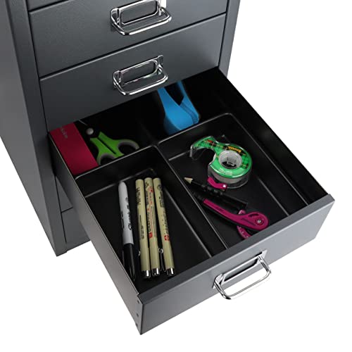 Bisley 10-Drawer Steel MultiDrawer Cabinet - Black, Chrome Pull Handles with Label Holders, Powder-Coated Steel, Removable Drawers, Fits Under Most Desks, Labels Included