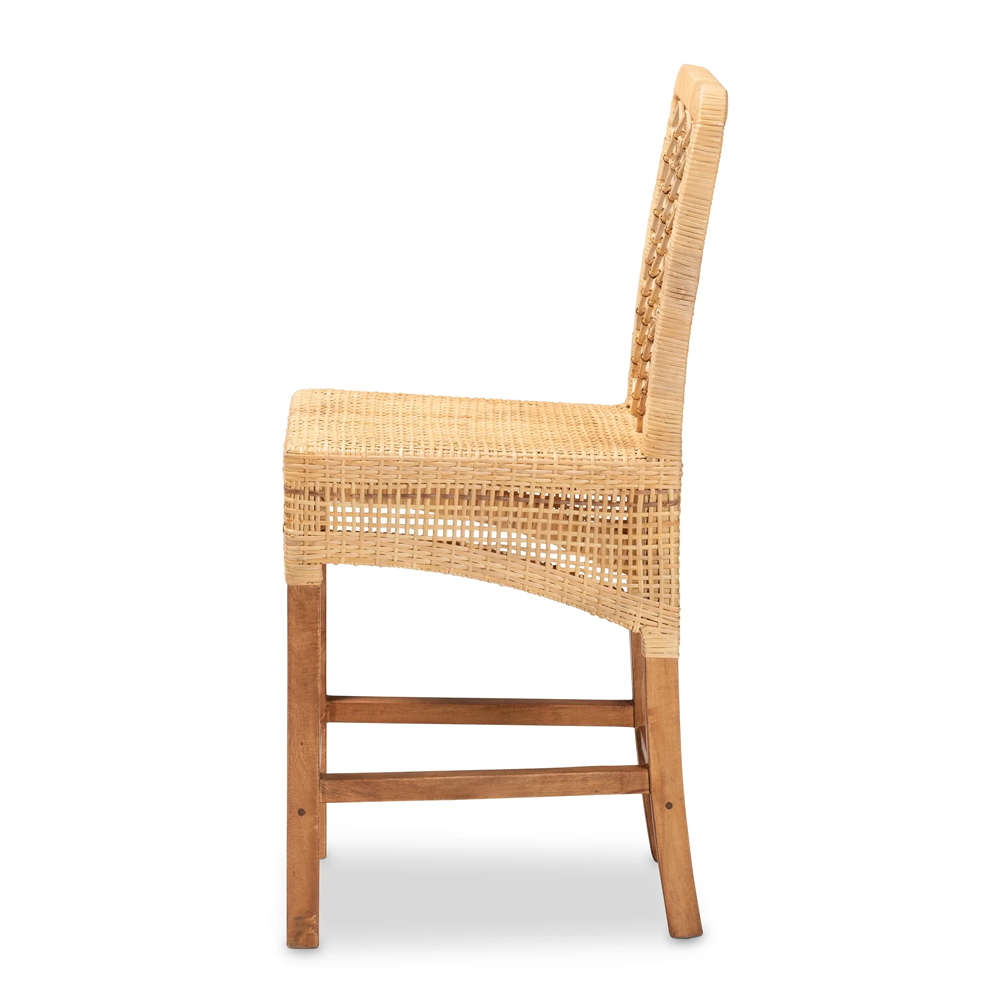 bali & pari Moscow Modern BoHo Natural Rattan and Walnut Brown Finished Wood Counter Stool