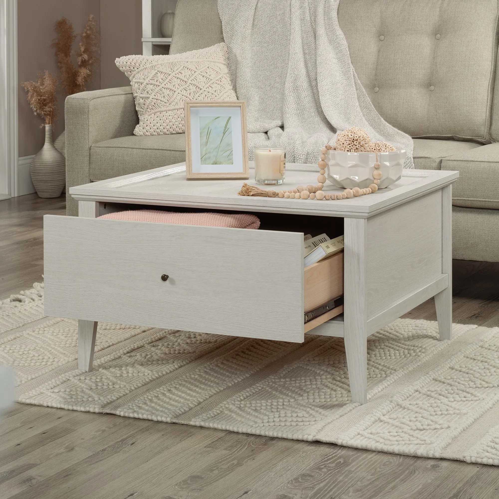 Sauder Larkin Ledge Engineered Wood and Metal Coffee Table in Glacier Oak