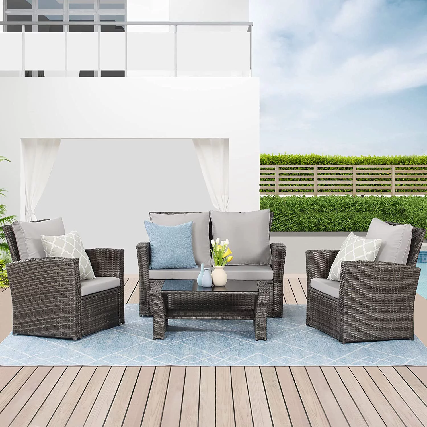 sell well Lane 4 Piece Outdoor Patio Furniture Sets  Wicker Conversation Set for Porch Deck  Gray Rattan Sofa Chair with Cushion