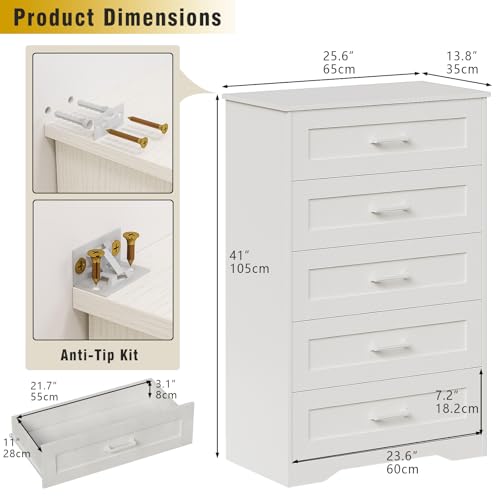 White Wood Dresser for Bedroom with 5 Drawers, Tall Storage Chest of Drawers, Modern Solid Wood Dresser Cabinet for Closet, Nursery, Entryway, Girls Room, Kids Room, Hallway, Living Room