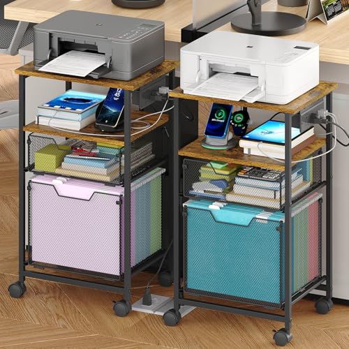 4-Tier Rolling File Cart with Open Storage Shelf, 2 Drawer Mobile Filing Cabinet for Home Office, Hanging File Organizer Beside Under Desk with Locking Wheels, Printer Stand Storage Cart, Rustic Brown
