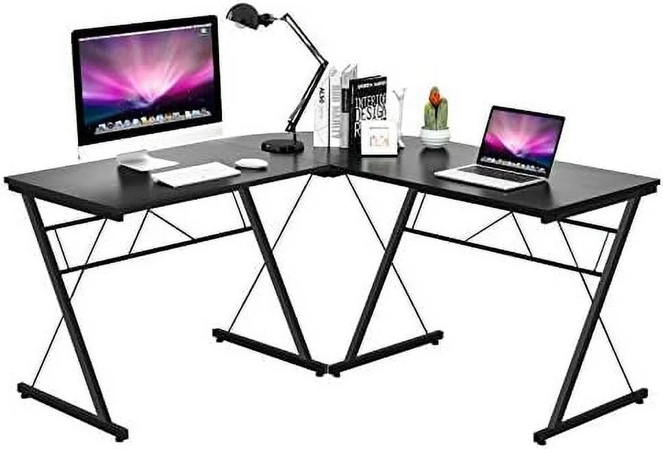RUNFAYBIU L-Shaped Desk Corner Computer Desk  Space-Saving & Multifunctional Home Office Desk Writing Workstation Study Desk with Round Corner (Black)