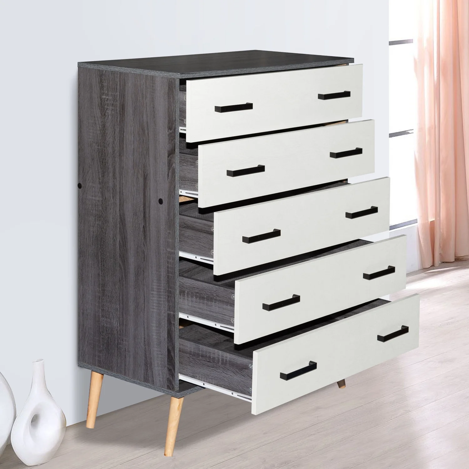 Better Home Products Chest Five Drawer with Pine Legs in Gray and Silver Oak Finish.