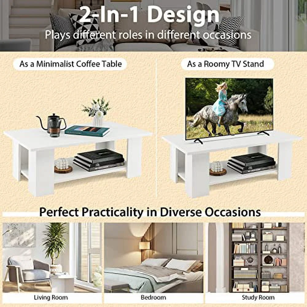 GOFLAME Coffee Table with Storage, Modern Sofa Side Center Table for Small Space, Accent TV Stand for Living Room, Reception Room, Dining Room, Easy Assembly, White