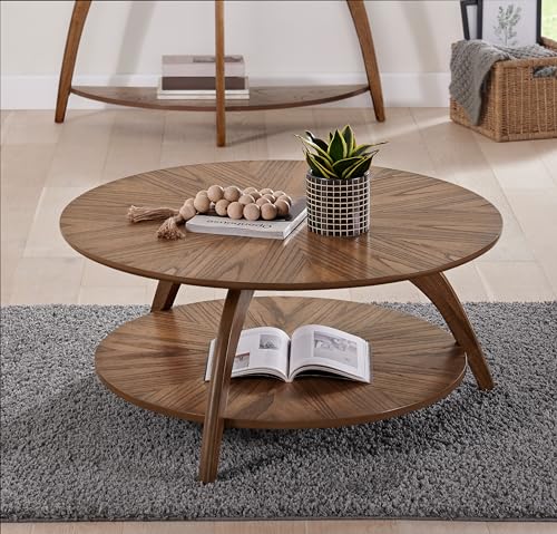 Martin Svensson Home LAX Two-Tone 36-Inch Caramel Brown Round Wood Coffee Table with Walnut Legs with Shelf Storage