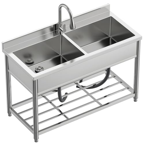 2-Compartment Commercial Sink, Stainless Steel Utility Sink with Pull-out Faucet, Free Standing Double Bowl Kitchen Sink for Restaurant, Garage, Shop, Cafe, Outoor, 21.7