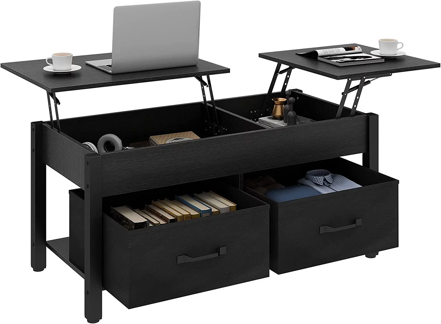 sell well Lift Top Coffee Table with 2 Drawers and Open Side Shelf  Center Table with Rising Tabletop  Hidden Compartment  Small Wood Coffee Table for Living Room  Homeoffice  Black
