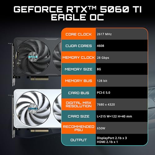 GIGABYTE GeForce RTX 5060 Ti WINDFORCE OC 8G Graphics Card, 8GB 128-bit GDDR7, PCIe 5.0, WINDFORCE Cooling System, GV-N506TWF2OC-8GD Video Card