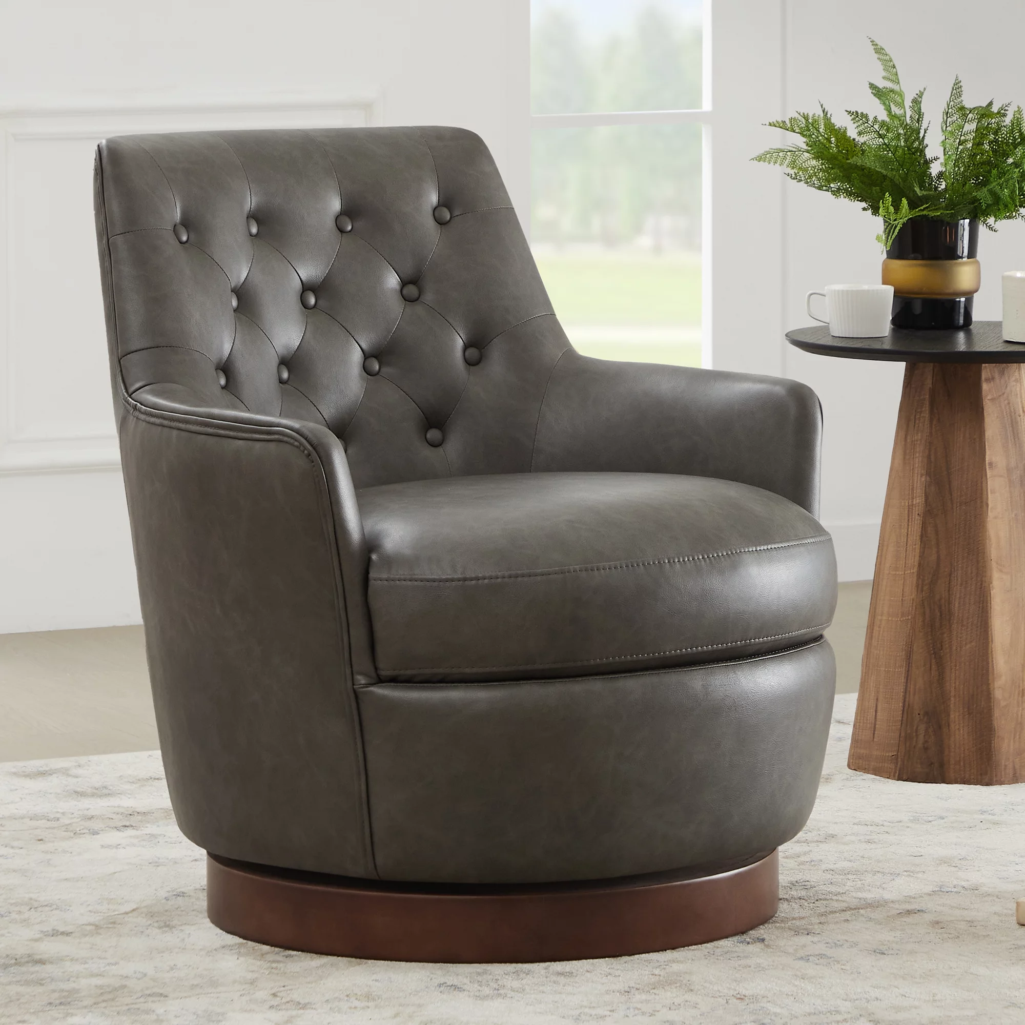 CHITA Swivel Barrel Accent Chair, Tufted Upholstered Arm Chair with Wood Base for Living Room Bedroom, Faux Leather in Dark Gray