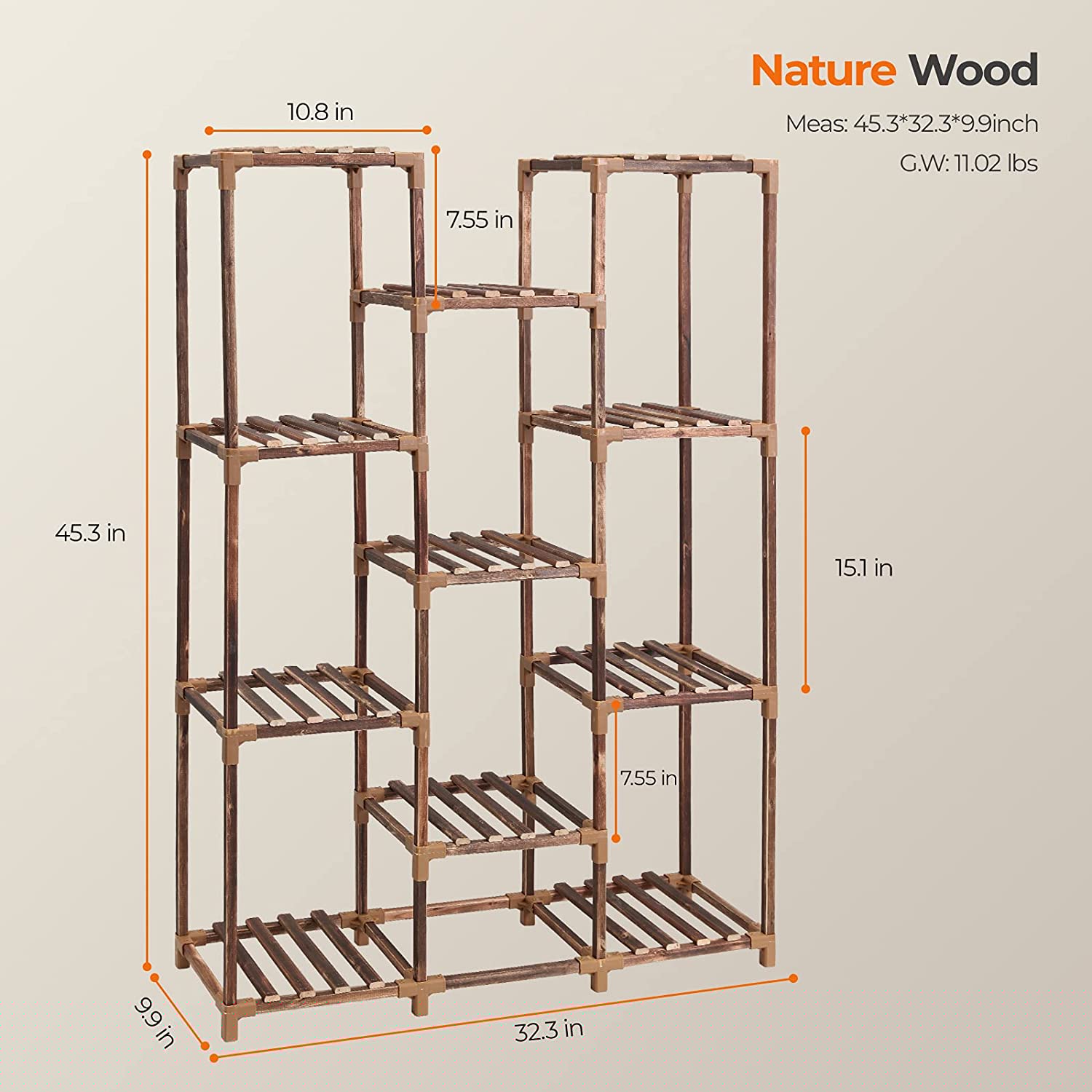 Homroll Plant Stand, Wood Plant Stands for Indoor Outdoor, 11-Tire Tall Large Capacity Plant Shelf, Durable Plant Holder for Living Room, Bedroom, Office, Balcony, Garden, Patio