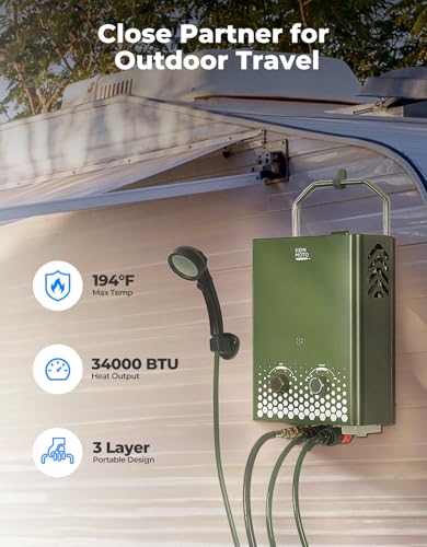 KEMIMOTO propane tankless water heater outdoor，1.32Gpm 34000 BTU Camping Portable Water Heater，Easy Installation, Lightweight for Taking，Suitable For Rv/Camping/Cabin