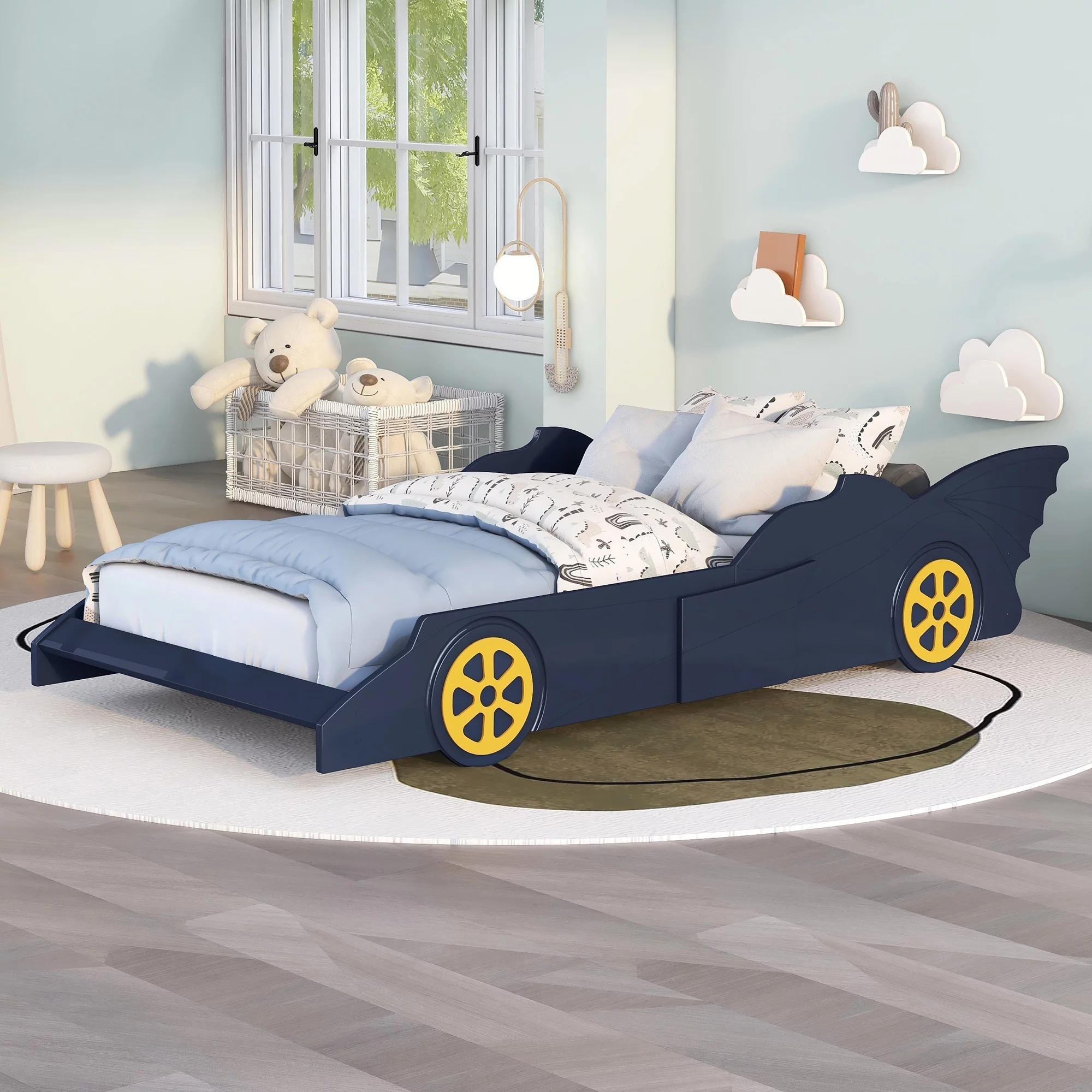 iRerts Race Car Shaped Twin Bed Frame, Wood Twin Platform Bed Frame for Kids Toddlers, Children Twin Size Platform Bed with Wheels, Wooden Slats, No Box Spring Needed, Blue/Yellow