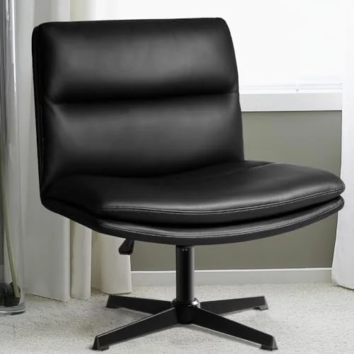 RUNFAYBIU PU-Padded Armless Office Desk Chairs No Wheels  High-Back Wide Seat Home Office Desk Chair  120°Rocking Cross Legged Computer Task Chairs  Modern Adjustable Swivel Vanity Chair