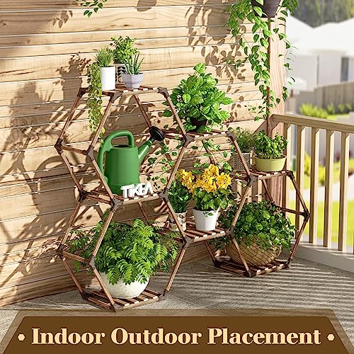 Tikea Plant Stand Indoor Hexagonal Plant Stand for Multiple Plants Indoor Outdoor Large Wooden Plant Shelf Creative DIY 6 Tiered Flowers Stand Rack for Living Room Balcony Patio Window