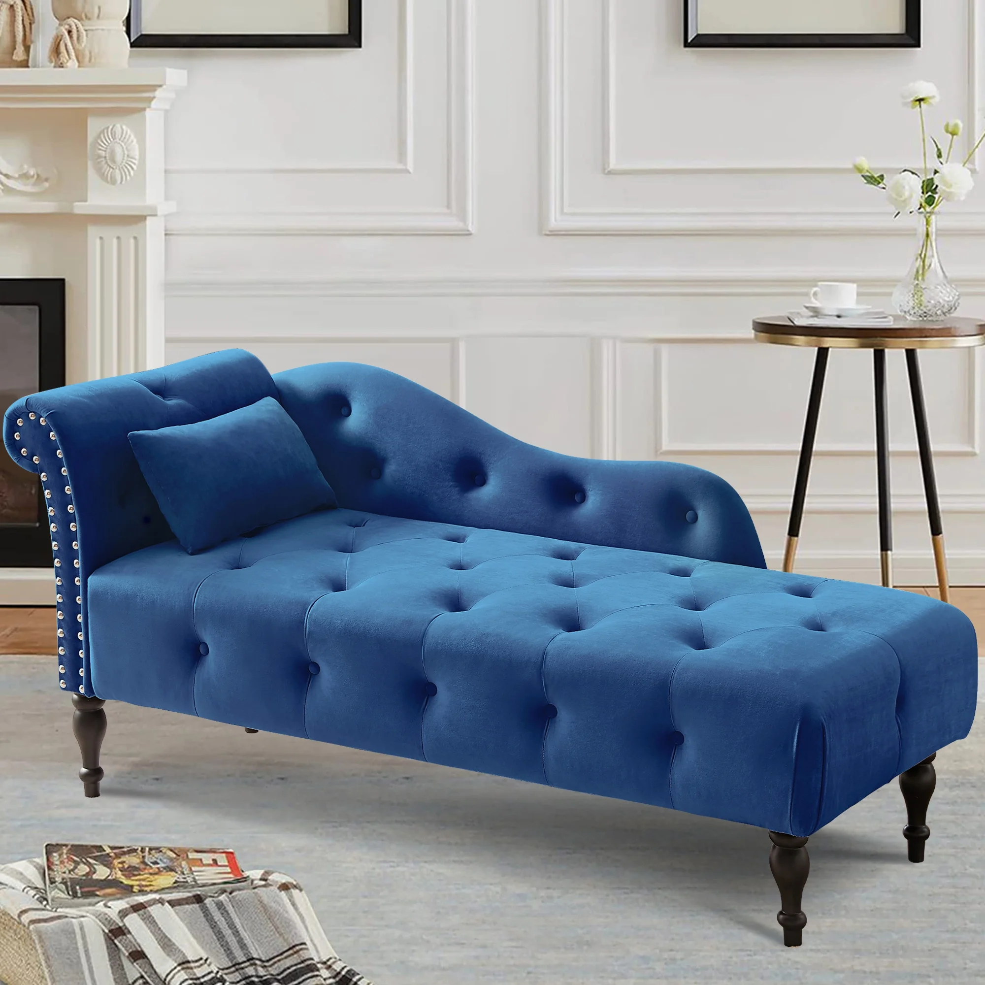 SYNGAR Modern Lounge Chaise Indoor, Leisure Sofa Accent Chair Upholstered Couch, Button Tufted Seat with Matching Accent Pillow, and Solid Wooden Legs, Blue