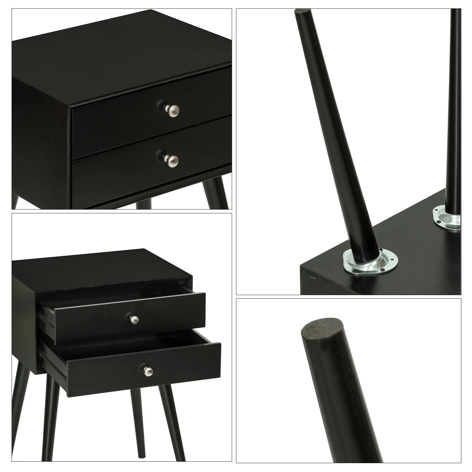 HOMCOM Side Table, Modern End Table with 2 Pull Out Drawers, Bedside Table with Display Tabletop and Solid Acacia Legs, Black