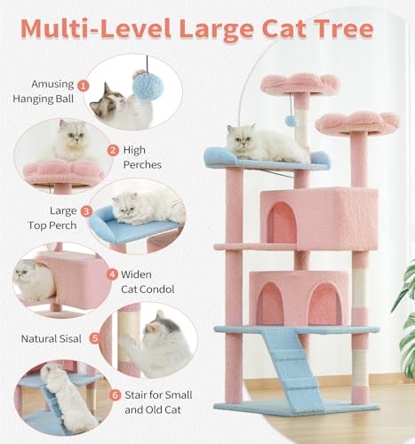 Made4Pets Cat Tree 54in Cat Tower for Indoor Cats Kitten Tree Multi-Level Cat Tree with 2 Condo Furniture Activity Center with Scratching Posts Funny Toys Kittens Pet Play House, Dark Grey