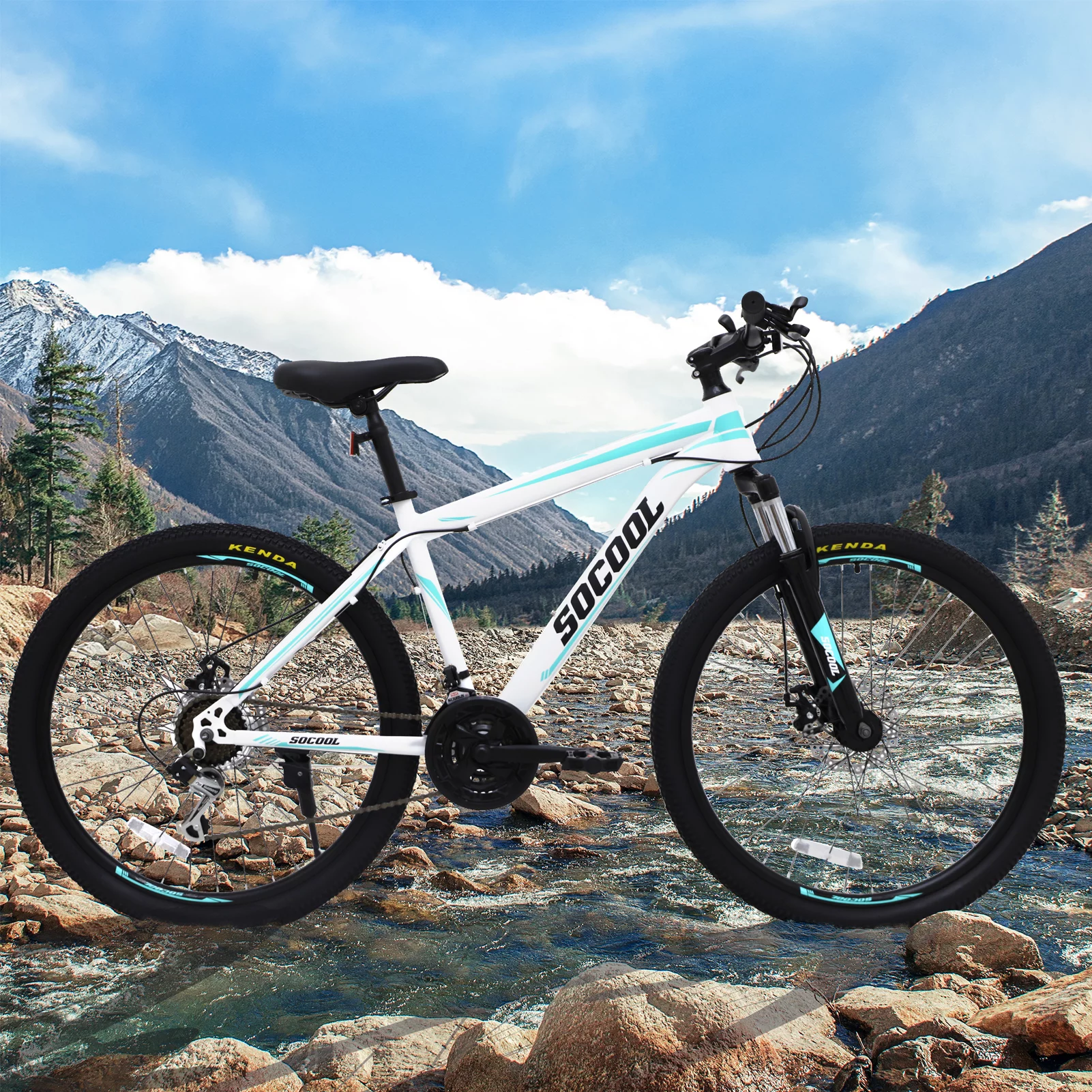 SOCOOL 26 Inch Mountain Bike Aluminum Hydraulic Disc Brake 21 Speed with Lock Out Suspension Fork (White/Black), TG1328BK