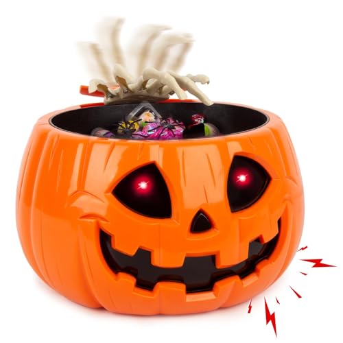 QEQEKAKA Animatronic Halloween Candy Bowl Decorations - Motion Activated Pumpkin Candy Bowl with Creepy Sound, Skull Hand, Glowing Eyes, for Trick or Treat, Indoor Halloween Party Decoration
