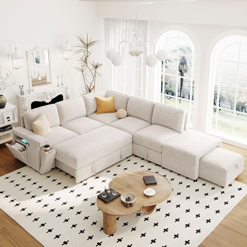 Merax L-Shaped Modular Sofa with Removable Storage Ottoman, USB Ports and Cup Holder, Upholstered Sectional Couch & Armrest, Free Combination Indoor Furniture for Living Room, Apartments, Gray