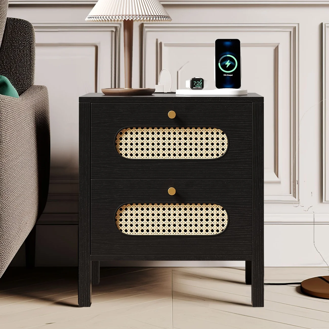 Dextrus Rattan Nightstand with Charging Station, Wood Bedside Table with Drawers, Black