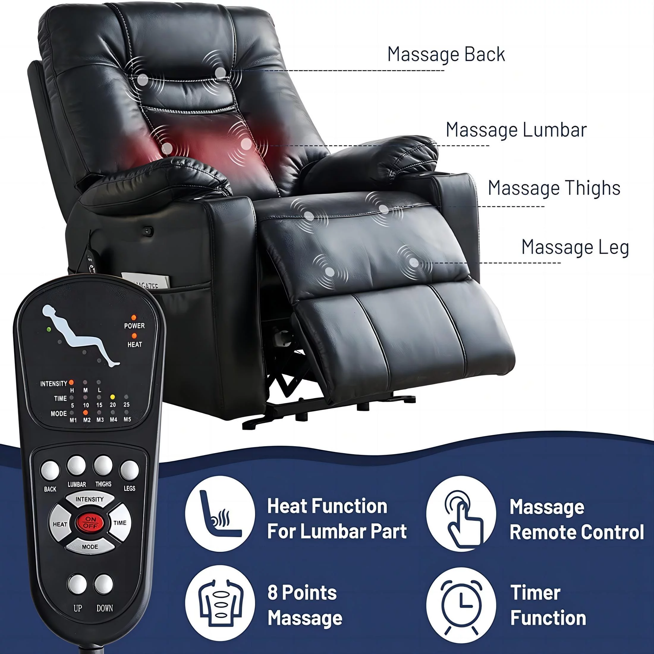 Comfort Stretch Electric Recliner Chairs for Elderly,Power Lift Recliners Chair with Massage Heat for Adults,Adjustable Furniture for Back,Lumbar,Legs,Leather,2 Side Pocket,Large Size Black