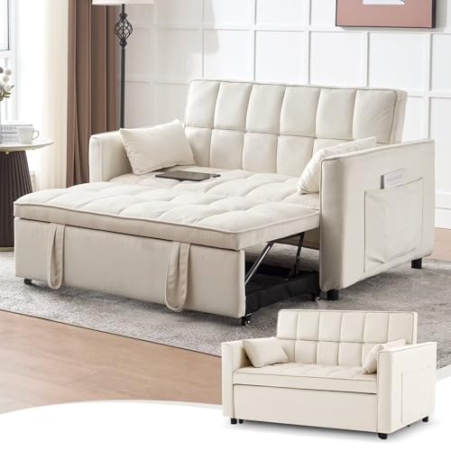 Modern 3 in 1 Convertible Sleeper Sofa Couch Bed with USB, Adjustable Backrest Velvet Pull Out Sofa Bed, Loveseat Sleeper Couch, Couches for Living Room, Bedroom, Apartment, Light Grey