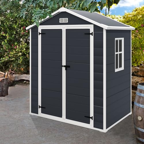 Outdoor Storage Shed 6x4.4FT, Resin Shed Plastic with Floor for Garden Tool,Waterproof Outdoor Resin Storage,Lockable Doors for Patio,Yard,Lawn (LightGray 6x4)