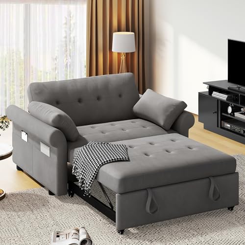 DWVO Sleeper Sofa Bed 3-in-1 Convertible Couch with Pullout Bed, 55'' Loveseat Sleeper Sofa Bed with Reclining Backrest with 2 Pillows and Storage Bag for Living Room, Bedroom, Apartment, Blue Gray