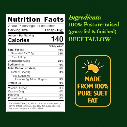 Pasture Raised Beef Tallow, Grass-Fed & Grass-Finished, Made from Beef Suet for more nutrients, Glass Jar