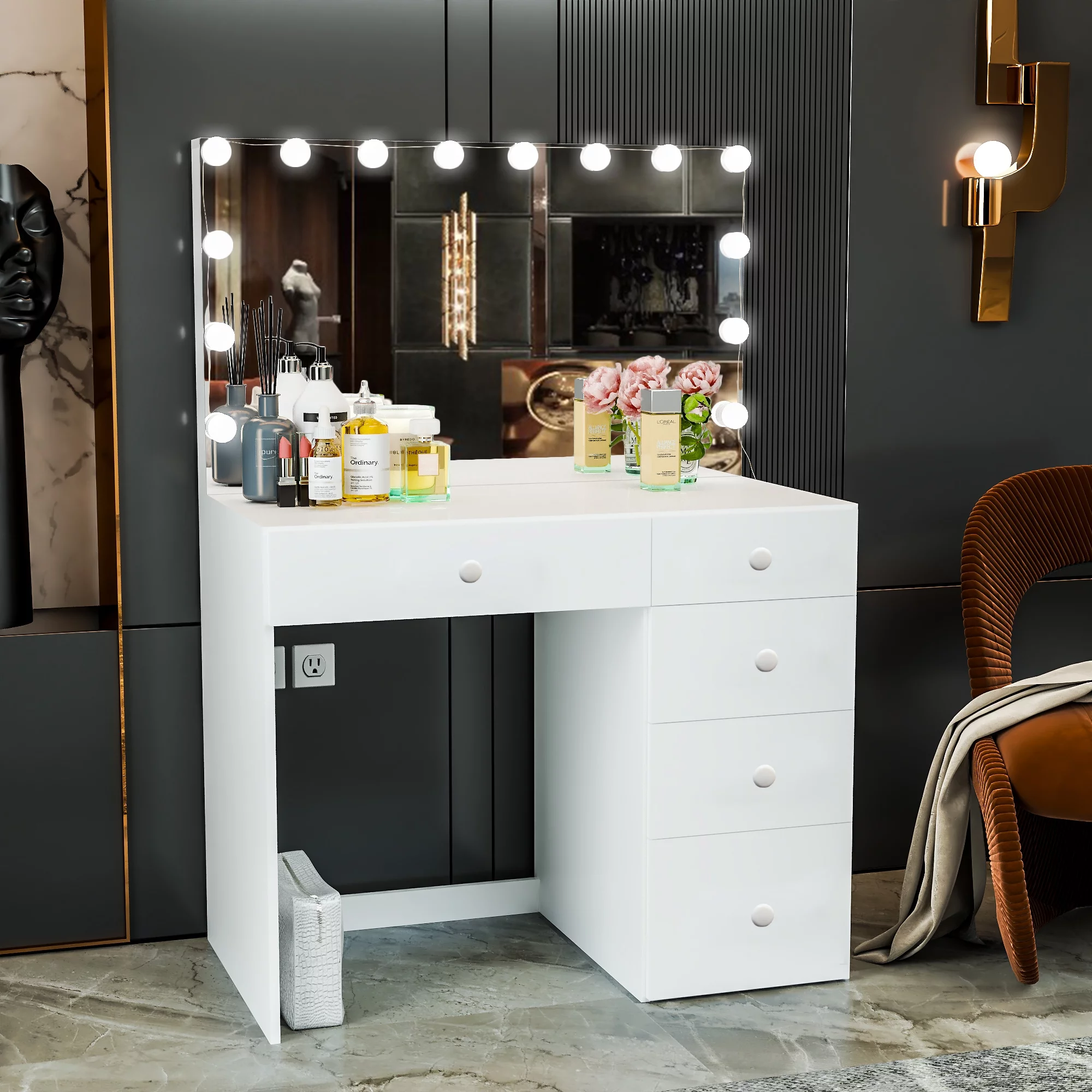 Boahaus Saranya Modern Vanity Desk with Light Bulbs, 5 Drawers, White
