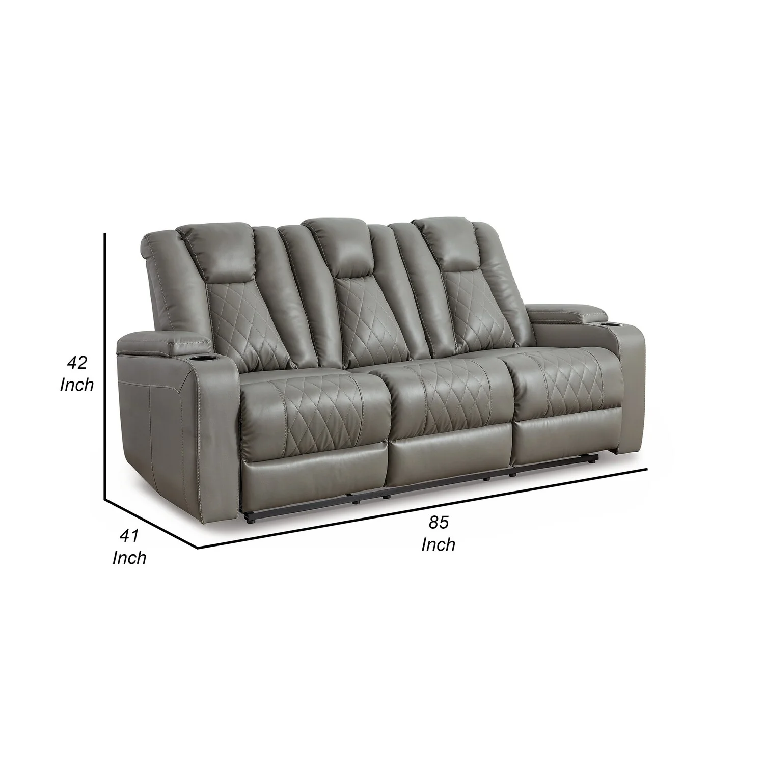 BenJara Tav 85 Inch Manual Recliner Sofa, Drop Table, Cupholders, Gray Faux Leather