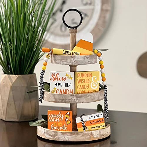 7 Pcs Candy Corn Themed Tiered Tray Decor Set, Halloween Themed Decor Bundle For Tier Tray, Halloween Tiered Tray Decorations, Seasonal Tier Tray Decor
