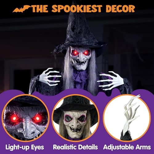 JOYIN 72” Hanging Witch Decor Halloween Decorations Outdoor, Flying Life Sized Sound Activated Light Up Eyes Party Supplies for Garden Haunted House Front Porch Door Scary Old World