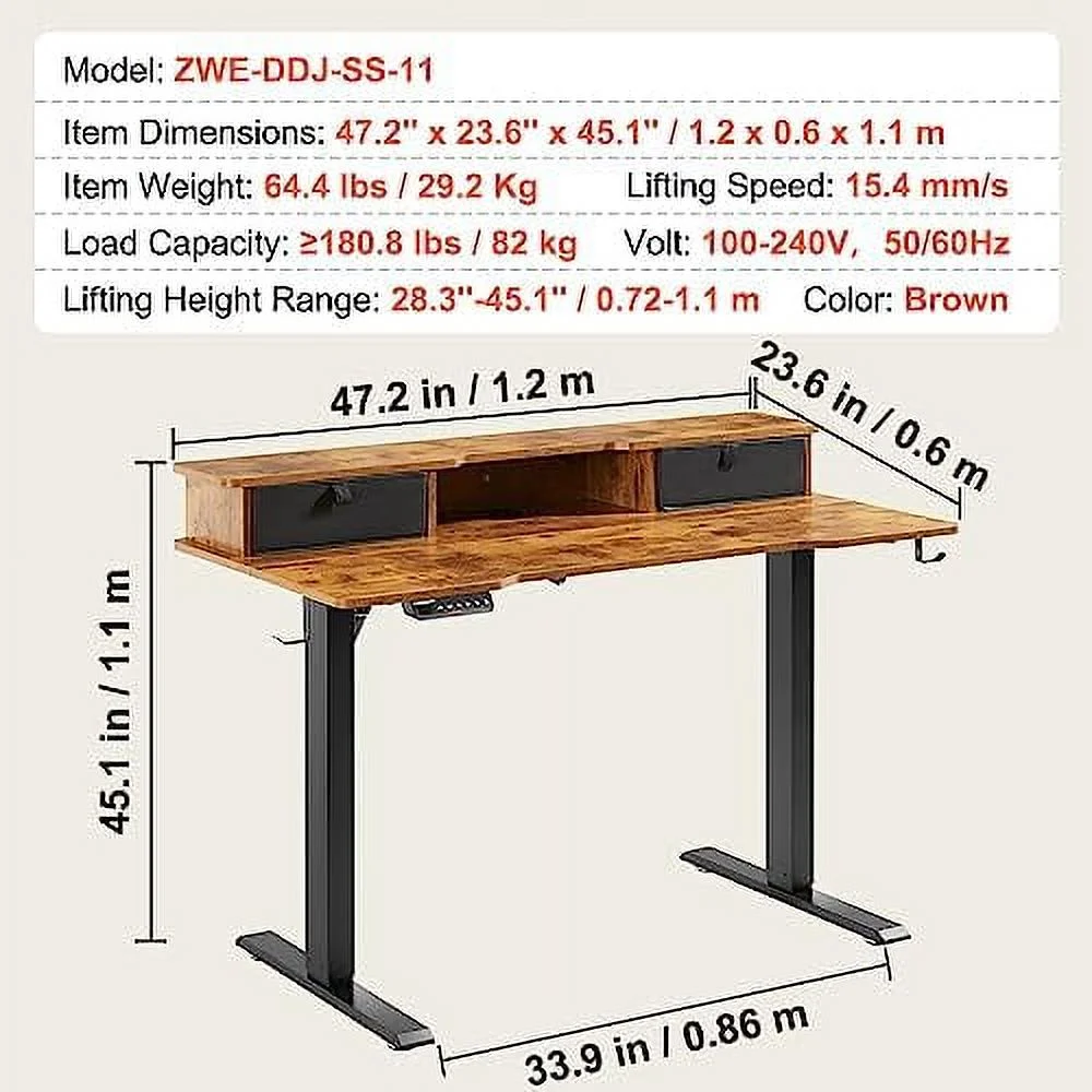 HJZBNONE Electric Standing Desk for Home Office  55.1 x 27.6  Brown