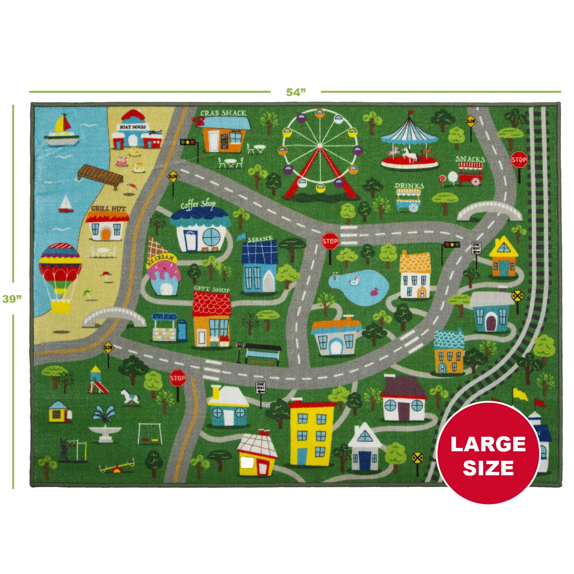 Delta Children Kids Large Road Map Activity Rug, 54-inch L x 39-inch W, Beach Town/Green